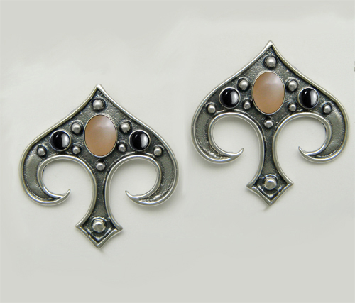 Sterling Silver Gothic Inspired Drop Dangle Earrings With Peach Moonstone And Hematite